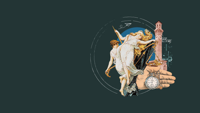 Artistic depiction of a hand holding a clock with classical figures and architectural elements on a dark background