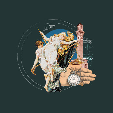 Artistic depiction of a hand holding a clock with classical figures and architectural elements on a dark background