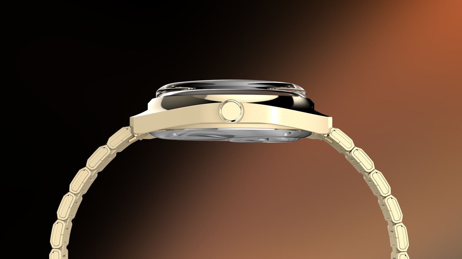 Side profile view of the Q Timex® 1975 Enigma watch in gold-tone stainless steel, showing the smooth case lines, crown, and curved crystal, with the integrated link bracelet extending on both sides, set against a dark-to-amber gradient background.