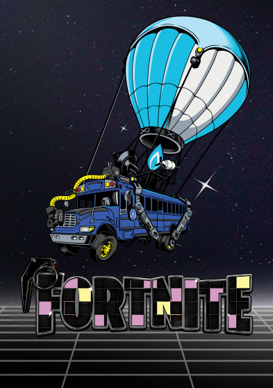 Illustration of Fortnite’s Battle Bus floating in a starry sky with the Fortnite logo on a futuristic grid floor.