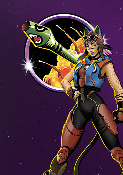 Illustration of a Fortnite character wearing a pilot-inspired outfit with cat ears and goggles, standing beside a graphic of a green rocket launching through an explosion on a purple starry background.
