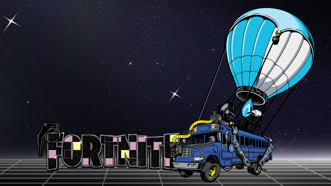 Illustration of Fortnite’s Battle Bus floating in a starry sky with the Fortnite logo on a futuristic grid floor.