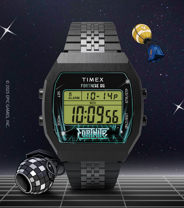 Timex x Fortnite T80 digital watch displayed on a futuristic grid with Fortnite-themed icons and loot crate graphics floating in space.