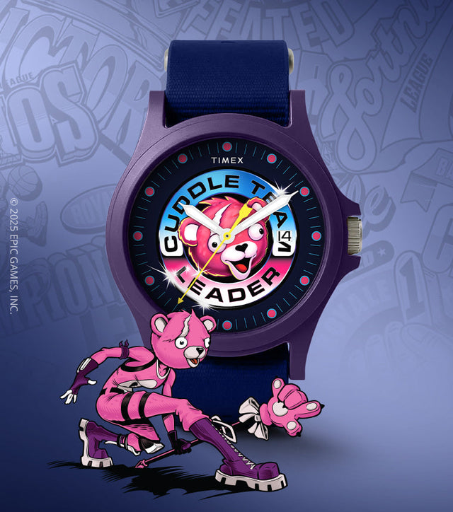 Timex x Fortnite Acadia watch featuring Cuddle Team Leader on the dial, displayed against a Fortnite-themed comic-style background with the pink bear character in action.