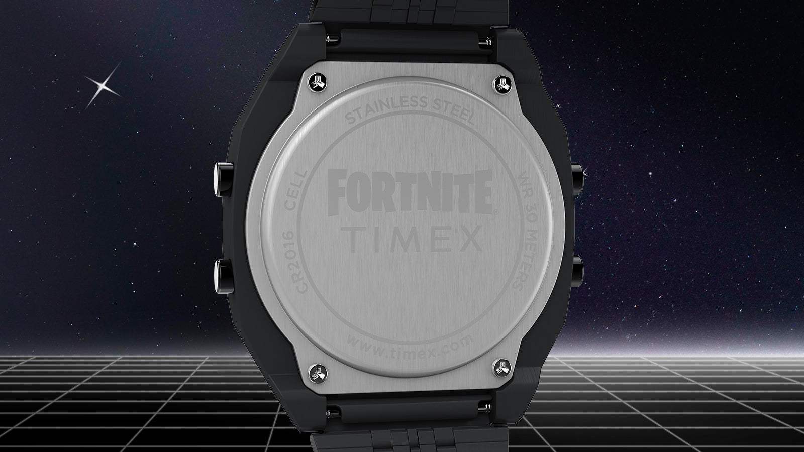 Back view of Timex x Fortnite T80 digital watch case engraved with Fortnite and Timex logos, showcasing stainless steel details.