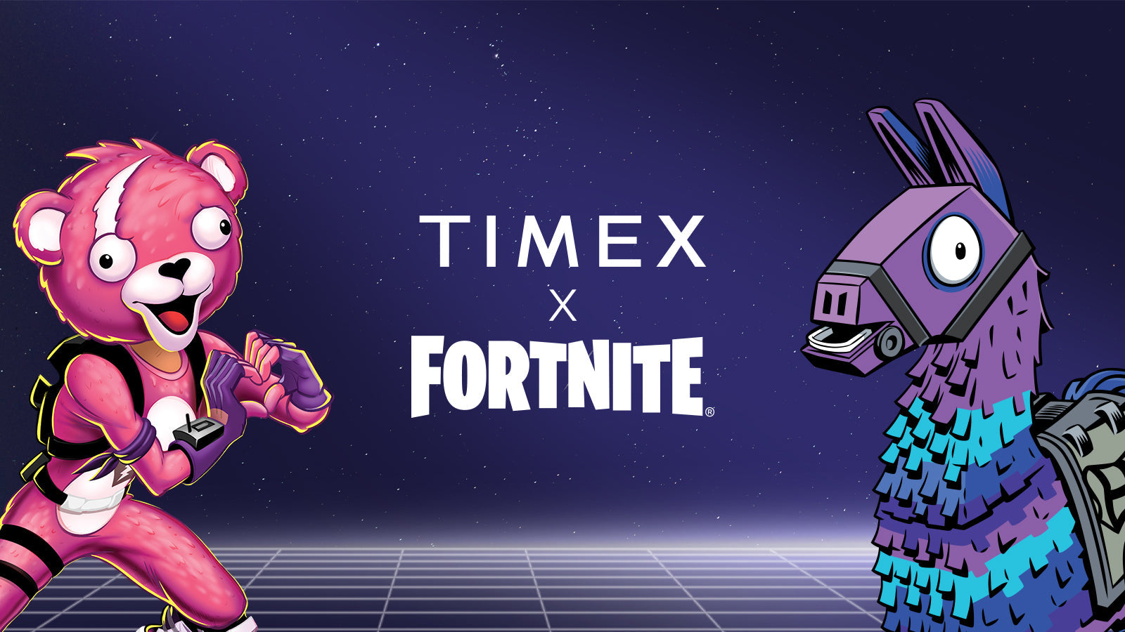 Timex x Fortnite collaboration banner featuring Fortnite’s Cuddle Team Leader on the left and Llama character on the right, with Timex and Fortnite logos centered on a dark blue starry background with a grid floor.