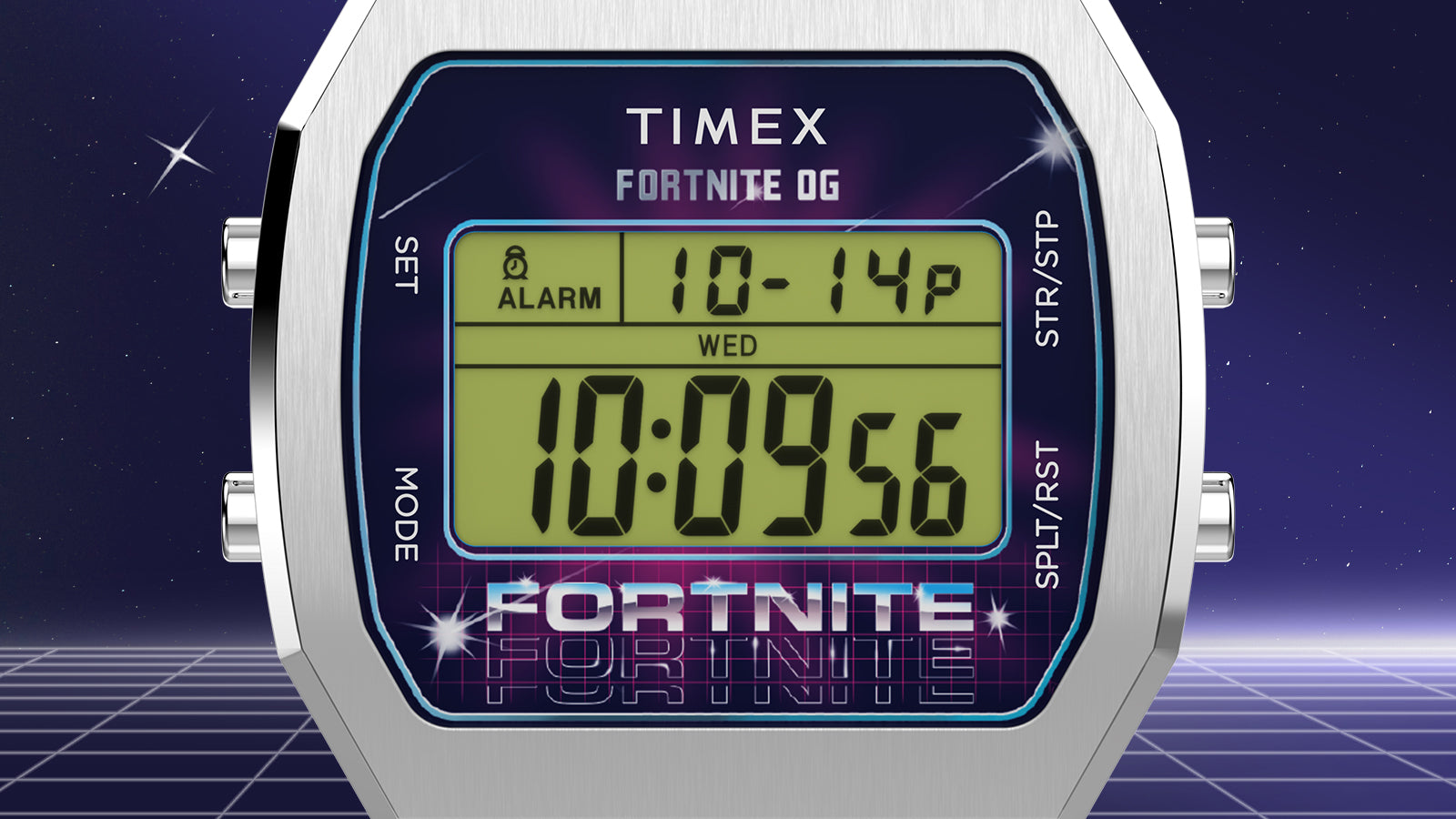 Close-up of the Timex x Fortnite T80 digital display showing alarm, date, and time with the Fortnite logo in a retro neon grid design.