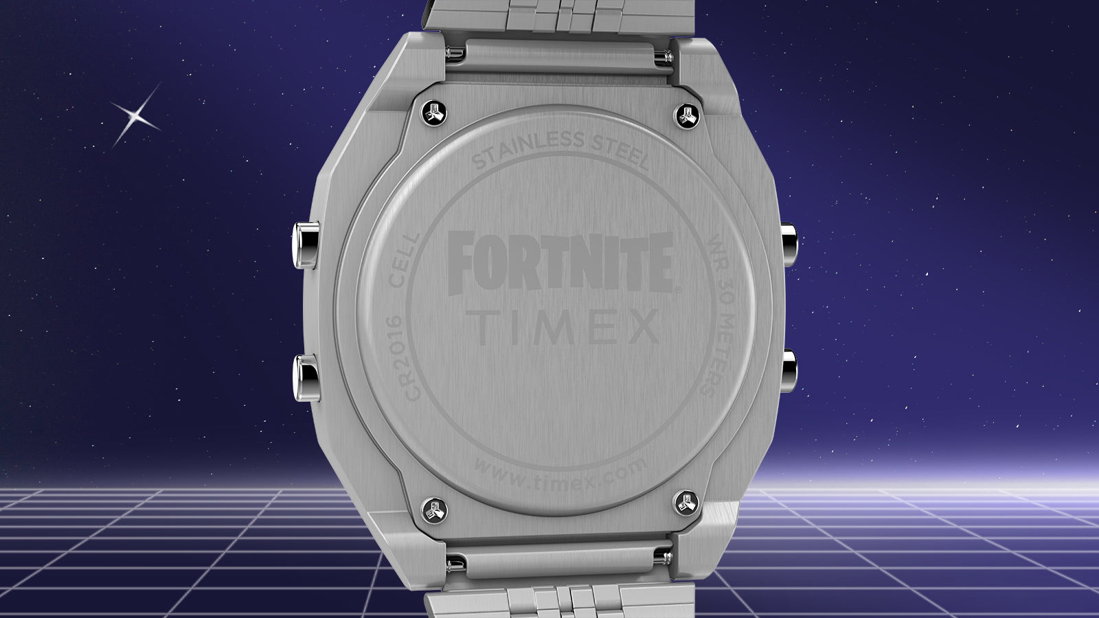 Back case of the Timex x Fortnite T80 silver digital watch engraved with Fortnite and Timex logos, showcasing stainless steel and screw details.