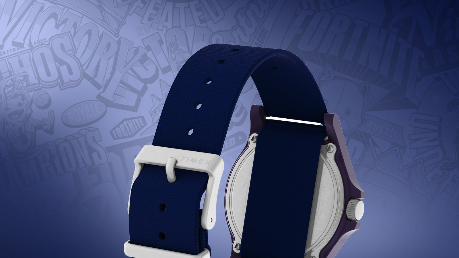 Angled back view of the Timex x Fortnite Acadia watch showcasing its navy blue fabric strap and stainless-steel buckle with Timex engraving.