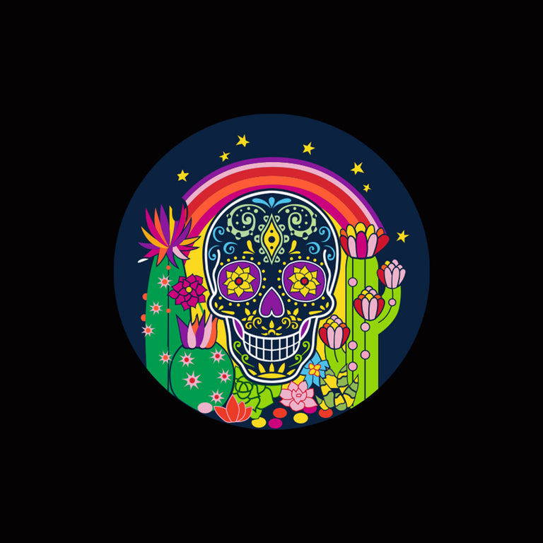 Close-up illustration of the Timex Weekender Day of the Dead watch dial design, featuring a vibrant sugar skull with rainbow, cactus, and flowers.