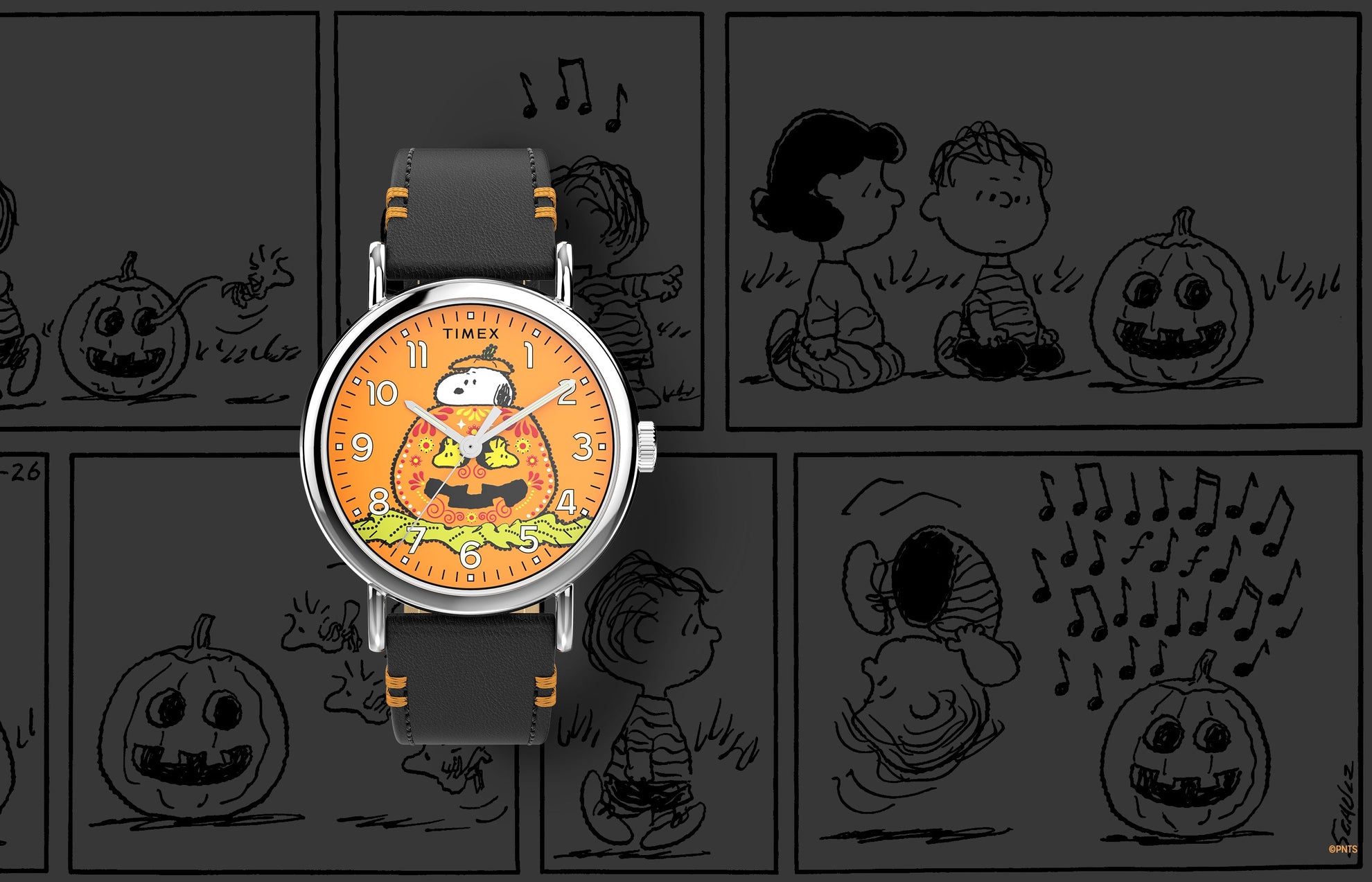 Timex x Peanuts® Weekender watch with Snoopy resting on a jack-o’-lantern against an orange dial. Black leather strap with orange stitching, set on a Peanuts Halloween comic strip background.
