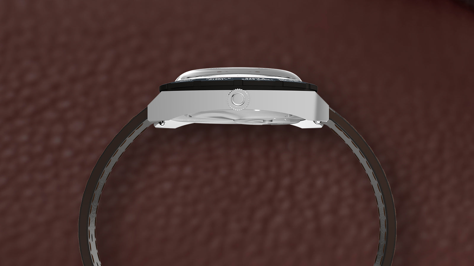 Side profile view of the Q Timex® 1972 World Time watch highlighting the slim brushed case, raised crystal, and textured brown leather strap.