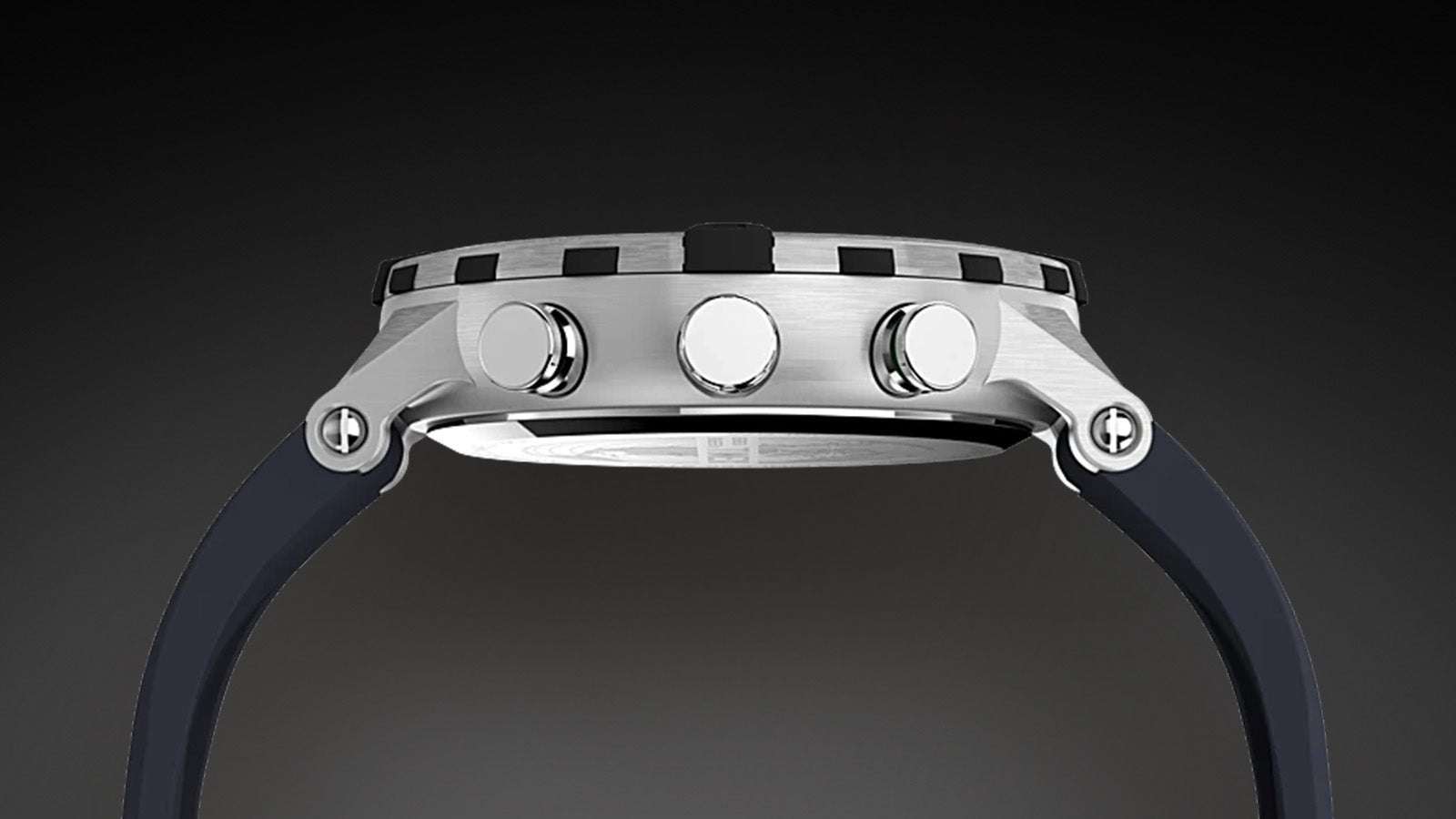 Side profile of the Timex Expedition Tide-Temp-Compass watch showing the brushed stainless-steel case with three pushers and a crown, attached to a blue silicone strap.