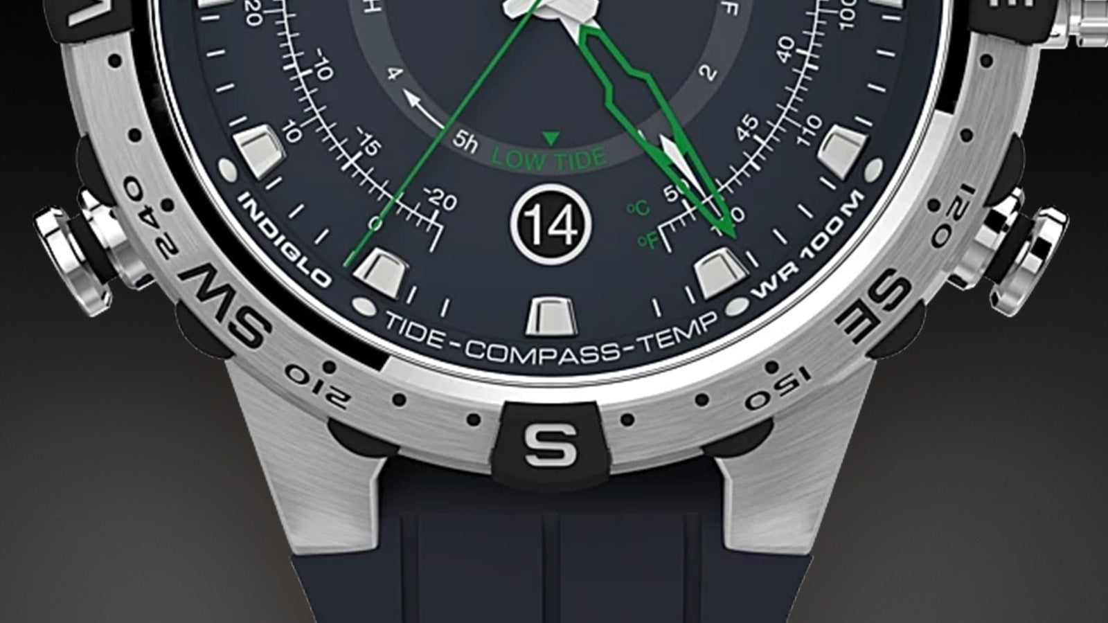 Close-up of the lower dial of the Timex Expedition Tide-Temp-Compass watch showing tide tracking, compass, temperature markers, and a round date display at the 6 o’clock position.
