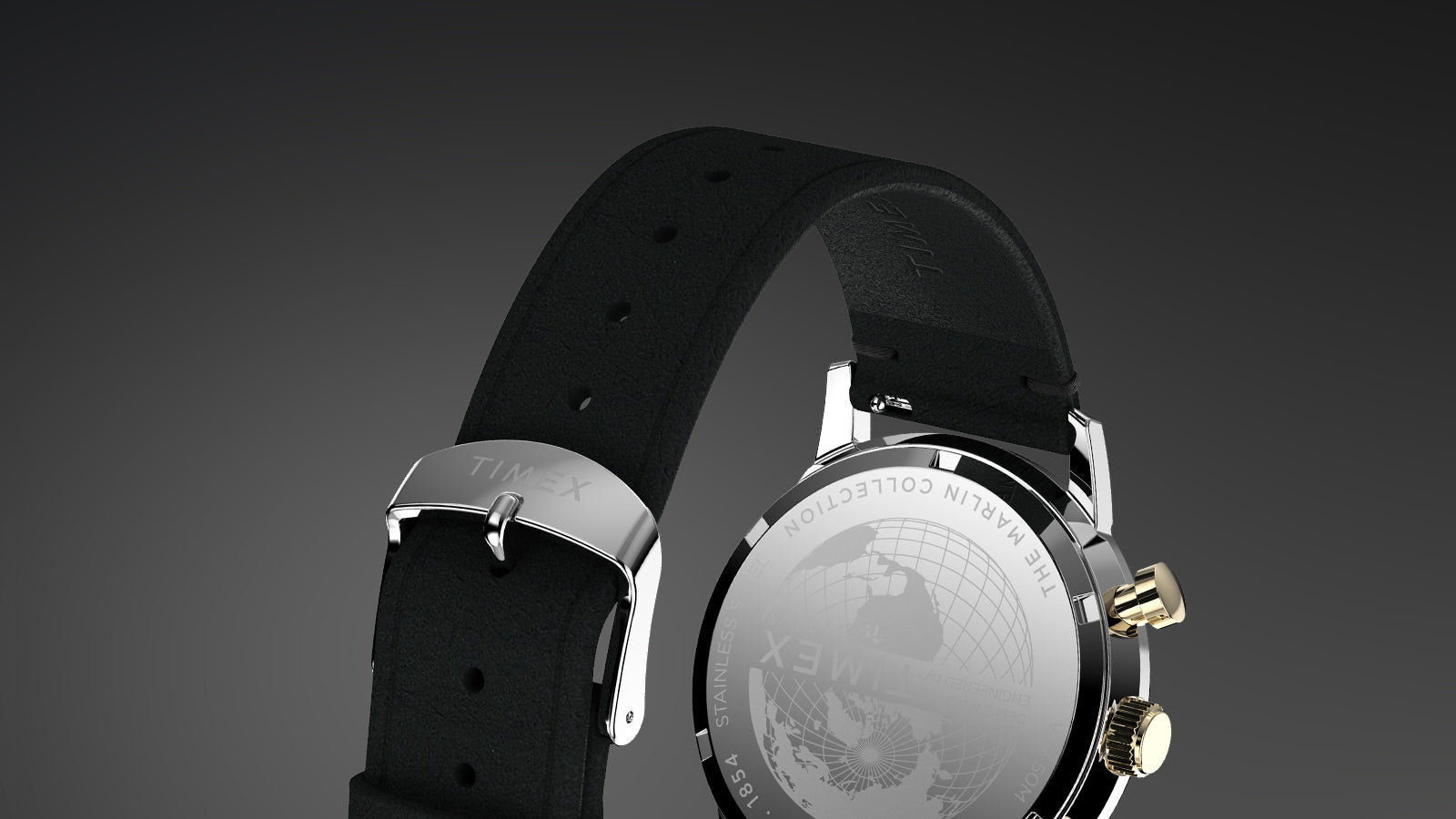 Rear view of Timex Marlin Chronograph Tachymeter showing engraved globe design on caseback and black leather strap with Timex buckle.