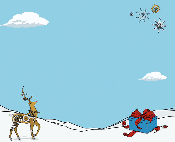 Illustrated winter landscape featuring a mechanical reindeer beside a blue gift box with a red bow, snowy hills, pine trees, clouds, and snowflake gears in the sky.