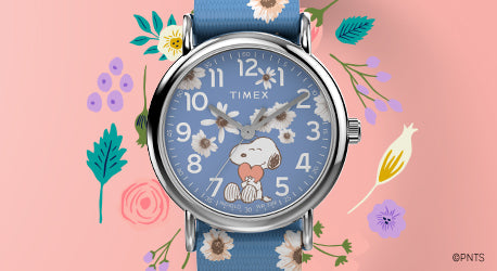 Light blue watch with flowers on the strap and dial and Snoopy with a heart.