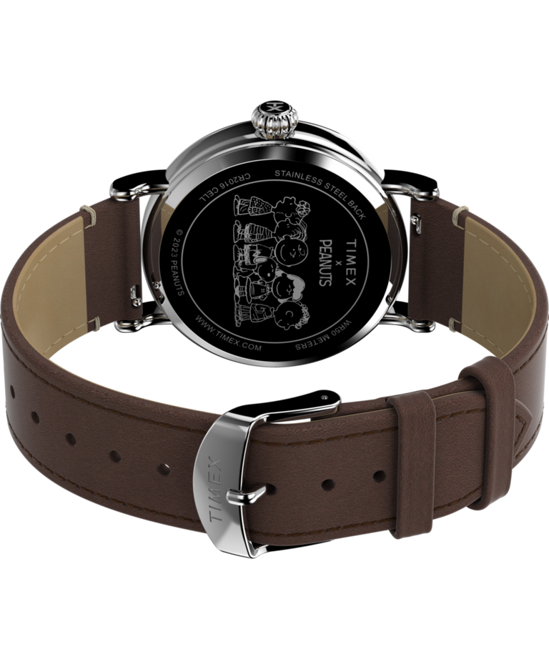 TW2V61200 Timex Standard x Peanuts Featuring Snoopy at the Beach 40mm Leather Strap Watch Caseback with Attachment Image