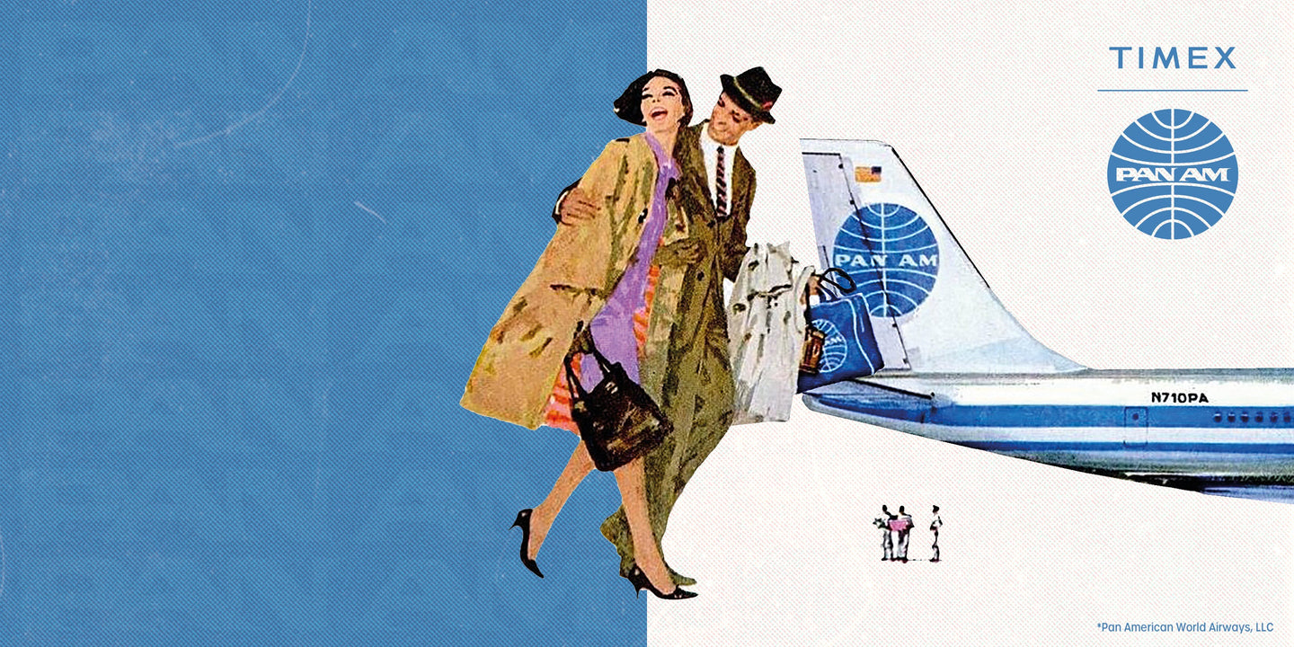 A retro-style travel illustration of a smiling couple in mid-century fashion walking away from a Pan Am airplane tail, with the Timex and Pan Am logos above.