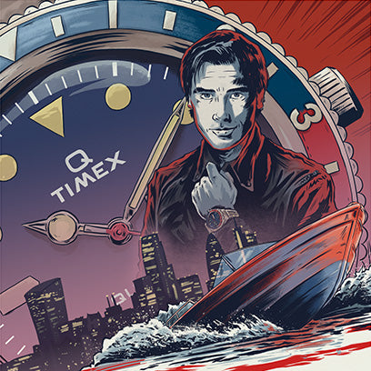 Stylized illustration featuring a man standing confidently in front of a large Q Timex watch dial, with a city skyline and a speedboat cutting through water below. The dramatic comic-book style artwork evokes a retro, action-packed narrative, highlighting the Q Timex brand’s bold and adventurous spirit.