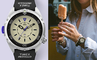 A split-screen image displaying the Timex x Dimepiece watch on the left and a lifestyle wrist shot on the right.