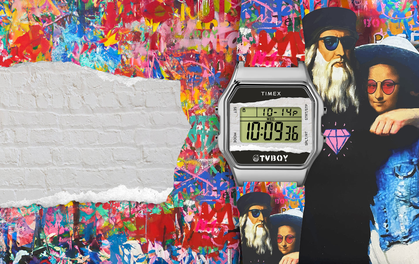 Digital Timex wristwatch from the Timex x TVBoy collaboration, featuring a stainless steel case and retro-style digital display reading '10:09:36'. The watch is set against a vibrant, graffiti-style background with multicolored abstract paint splashes. To the right of the watch face is a stylized mural by TVBoy depicting Leonardo da Vinci and the Mona Lisa wearing modern sunglasses and casual clothing, with a pink diamond graphic on da Vinci’s shirt.