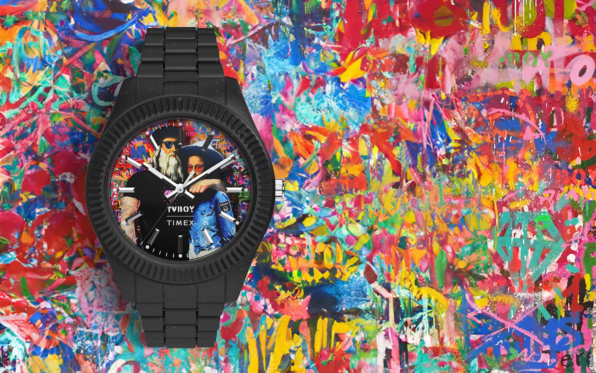 Timex Legacy Ocean x TVBOY analog watch with a black case and bracelet set against a vibrant, multicolored graffiti-style background. The dial features street artist TVBOY’s artwork of a modernized Leonardo da Vinci and Mona Lisa wearing sunglasses and casual attire.