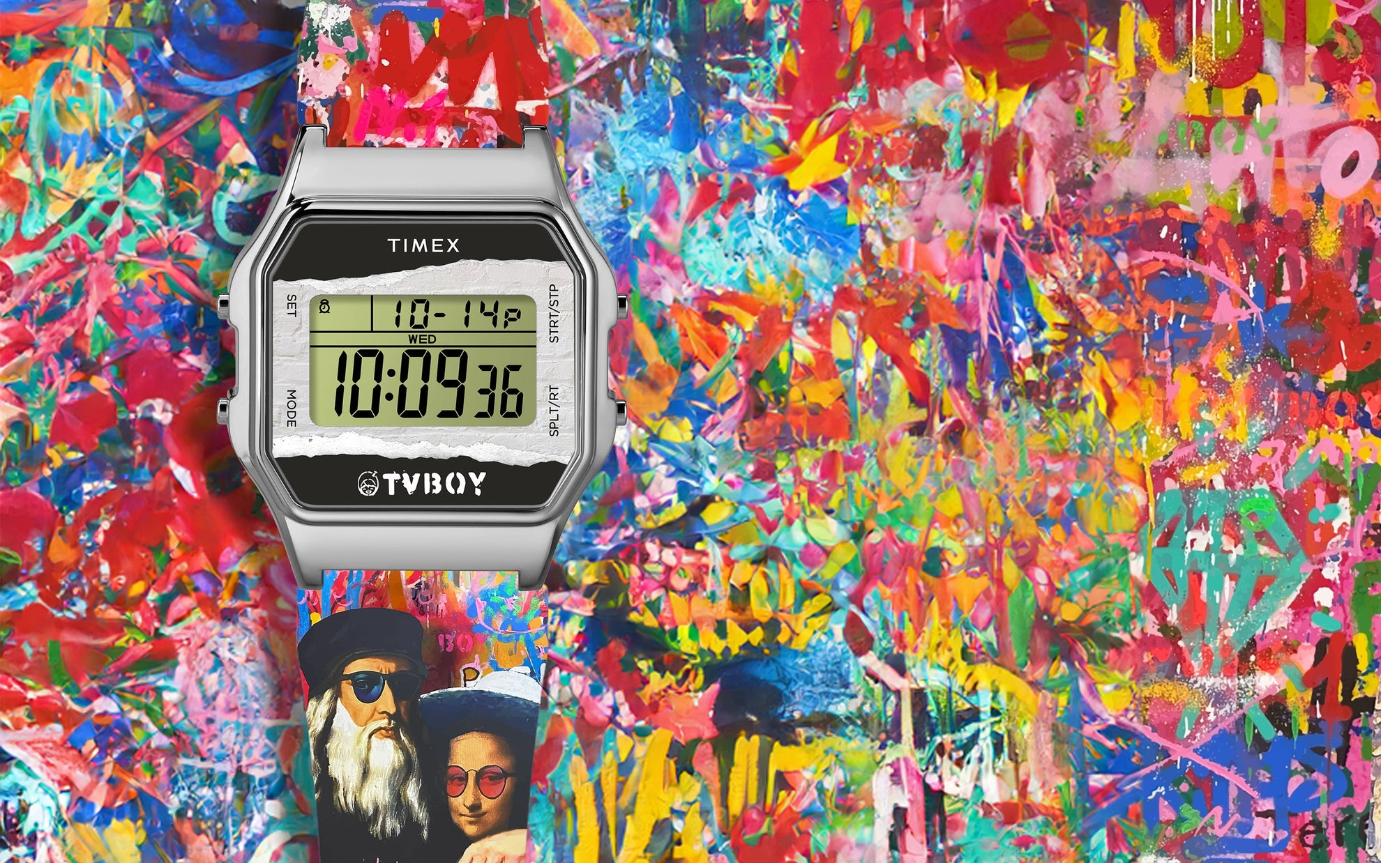 A silver digital Timex watch from the TVBoy collaboration, with a torn-paper design displaying time and date. The strap showcases a vibrant image of da Vinci and Mona Lisa in a pop-art graffiti style, set against a richly textured background full of abstract, colorful paint strokes.