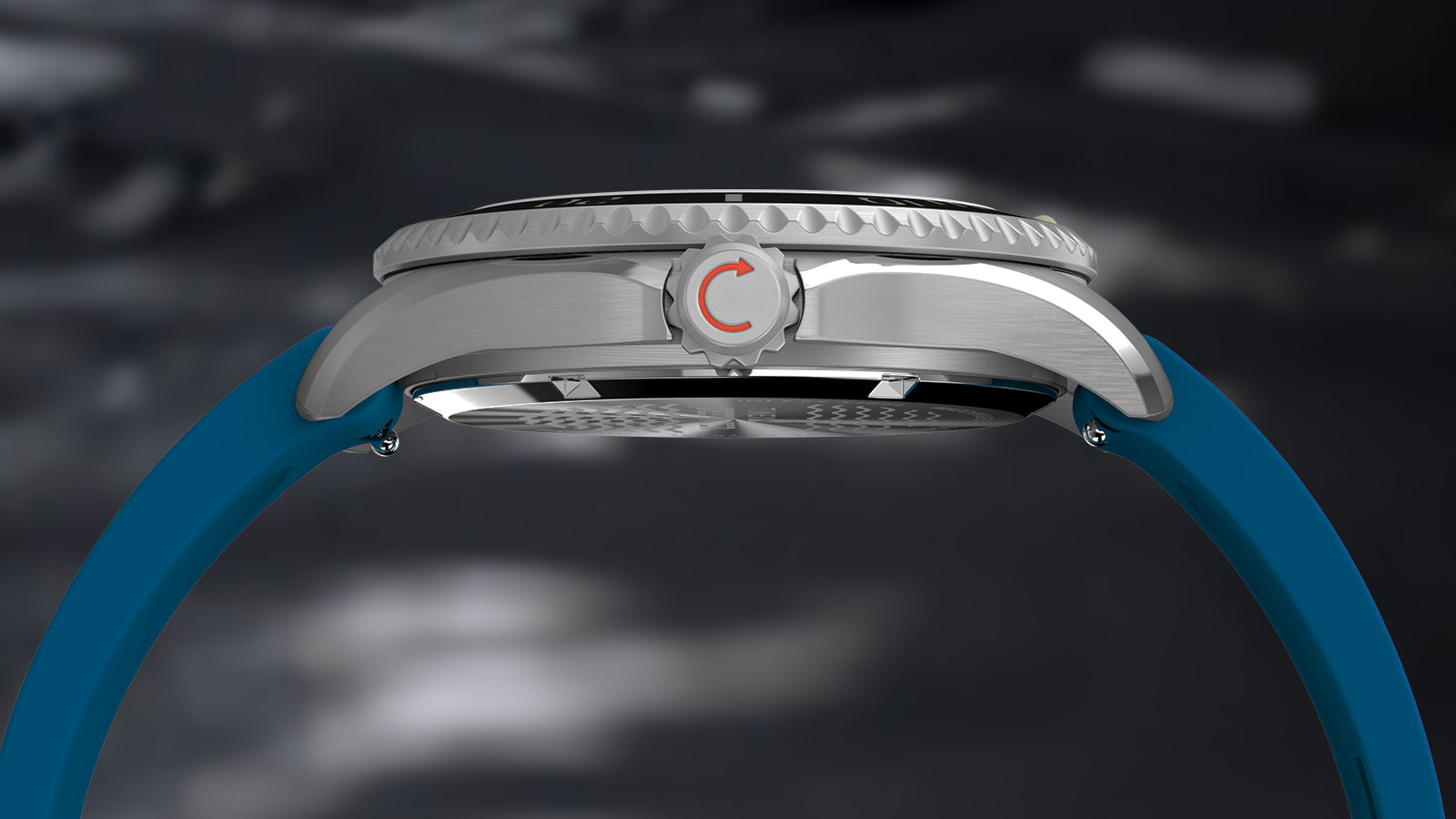 Side profile of the Timex Deepwater Meridian 200 dive watch highlighting the crown and brushed steel case.