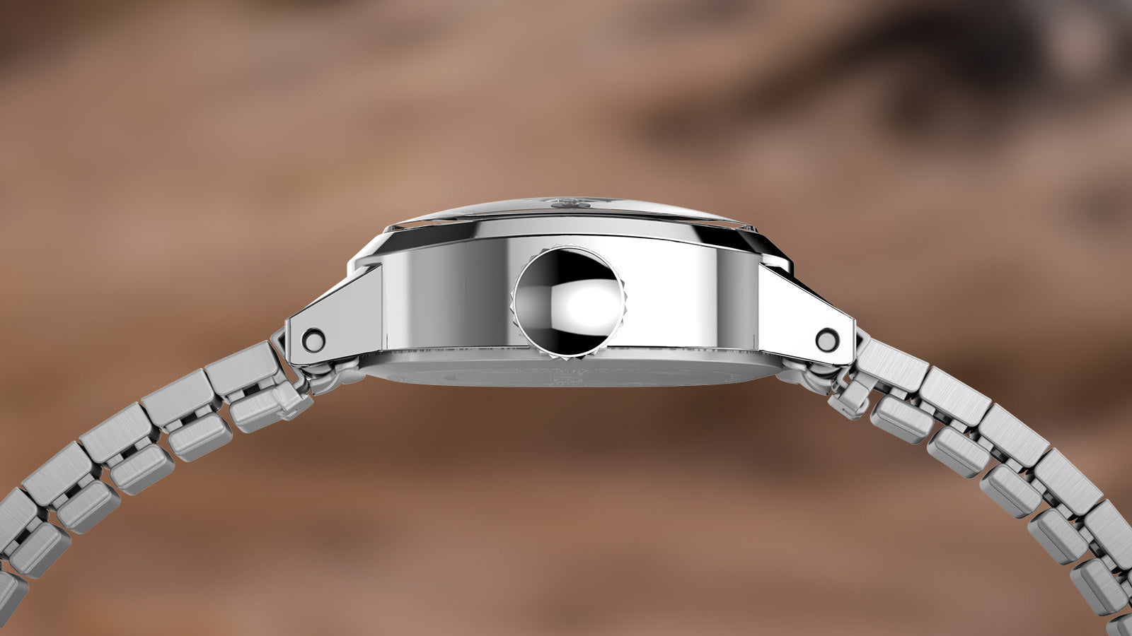Side profile of the Timex Cavatina Mini watch, highlighting its slim stainless steel case and silver expansion bracelet.