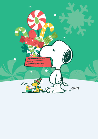 Illustration of Snoopy carrying a large red gift box filled with candy canes and presents, while Woodstock walks beside him in a festive hat. Background features green snowflakes and candy patterns.