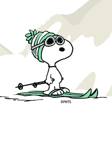 Illustration of Snoopy wearing ski goggles and a green beanie, standing on skis with poles against a snowy mountain backdrop.