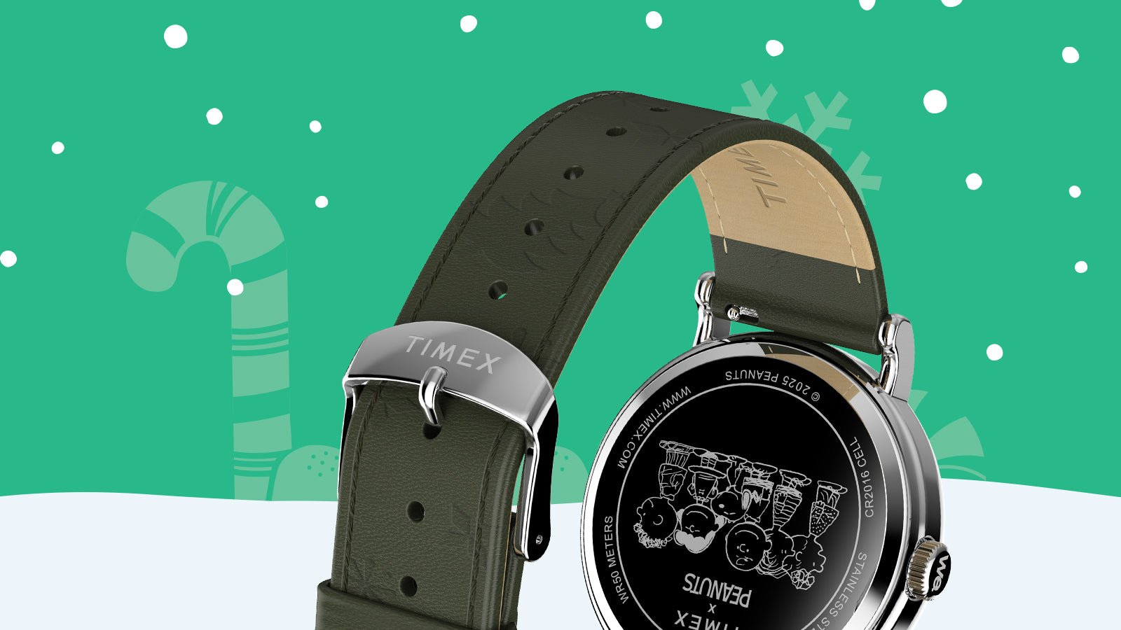 Back view of the Timex x Peanuts® Weekender Holiday Dial watch showing engraved Peanuts characters on the stainless-steel case back and the Timex logo on the silver buckle of the dark green leather strap.