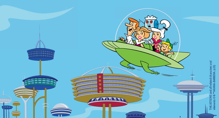Illustration of The Jetsons flying in their green spaceship with George, Jane, Judy, Elroy, Astro, and Rosie the Robot. The background features a bright blue sky with clouds and a futuristic cityscape of tall, colorful space-age buildings.
