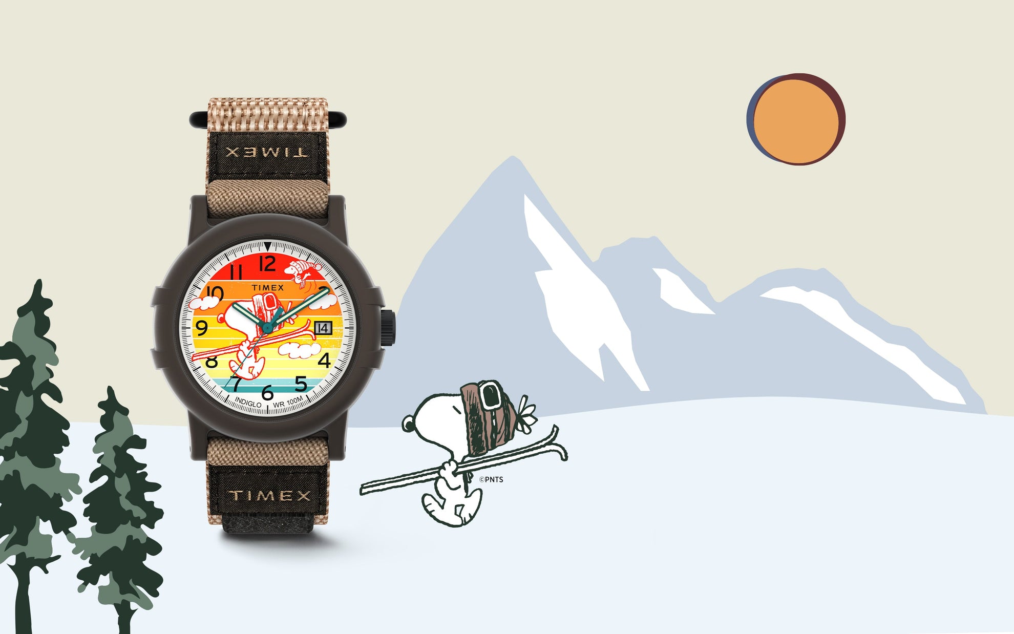 Timex x Peanuts® Camper Ski watch displayed beside an illustration of Snoopy carrying ski poles and wearing goggles, set against a mountain landscape with trees and a bright orange sun.