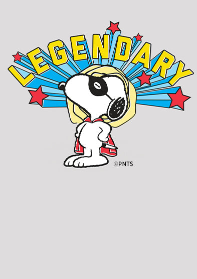 Illustration of Snoopy as a superhero with the word “Legendary” in bold letters above, surrounded by stars and comic-style rays, celebrating the playful spirit of the Timex x Peanuts collection.
