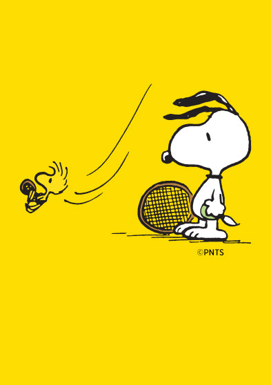 Snoopy stands beside a tennis racket while Woodstock swings through the air on a bright yellow background.