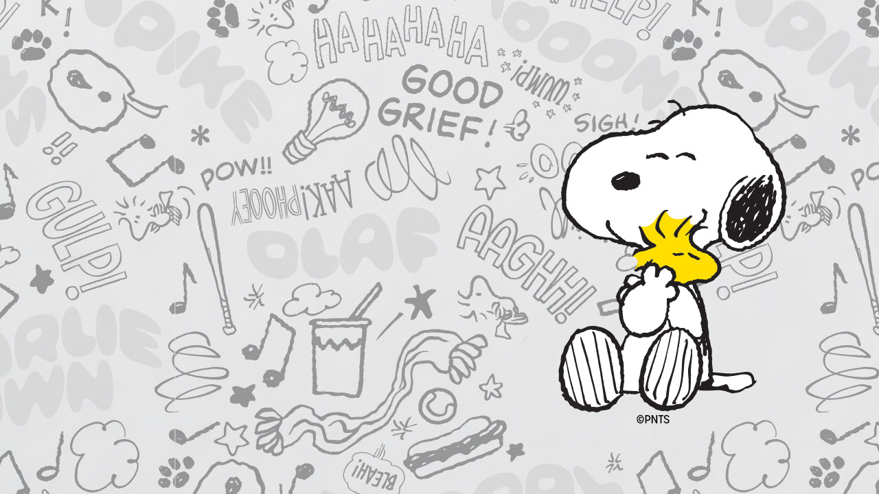 Illustration of Snoopy hugging Woodstock against a white background filled with Peanuts doodles and comic-style exclamations like “Good Grief” and “POW!”, capturing the playful warmth of the Timex x Peanuts collaboration.