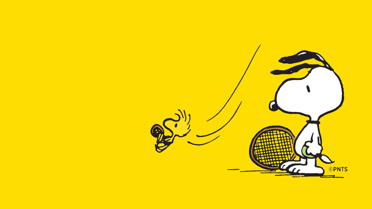 Snoopy stands beside a tennis racket while Woodstock swings through the air on a bright yellow background.