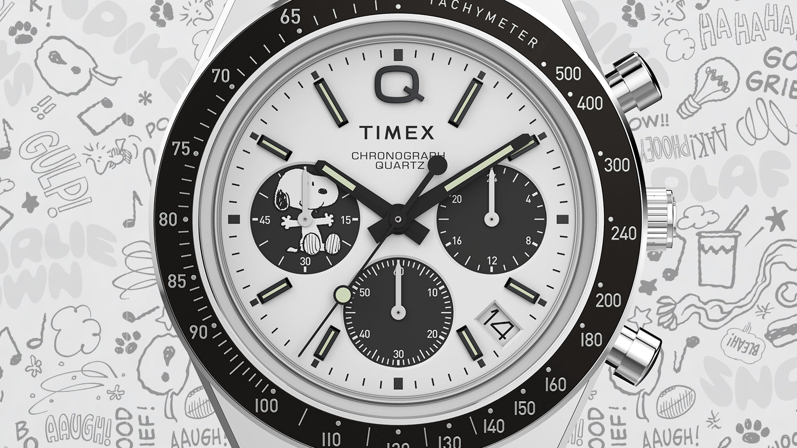 Macro shot of the Q Timex Chronograph x Peanuts Snoopy dial showing Snoopy within the left chronograph sub-dial. The white dial contrasts with three black sub-dials, luminous markers, and bold black hands, surrounded by a tachymeter scale for sporty precision.