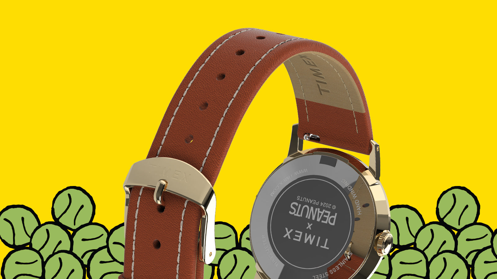 Rear view of the Peanuts® x Timex Marlin® Hand-Wound watch showing the caseback, gold-tone buckle, and stitched brown leather strap against a yellow background with illustrated tennis balls.