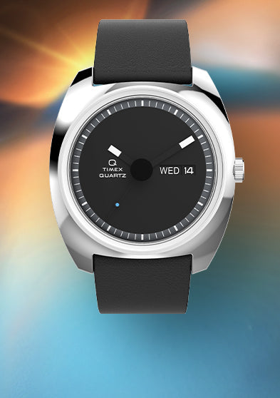 Full product image of the Q Timex® 1975 Enigma watch centered against a vibrant abstract space background, highlighting its futuristic 1970s-inspired design.