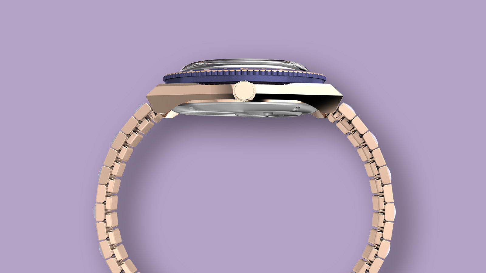Side profile view of the Q Timex® highlighting the slim case, domed crystal, and brushed rose gold-tone bracelet against a lavender backdrop.