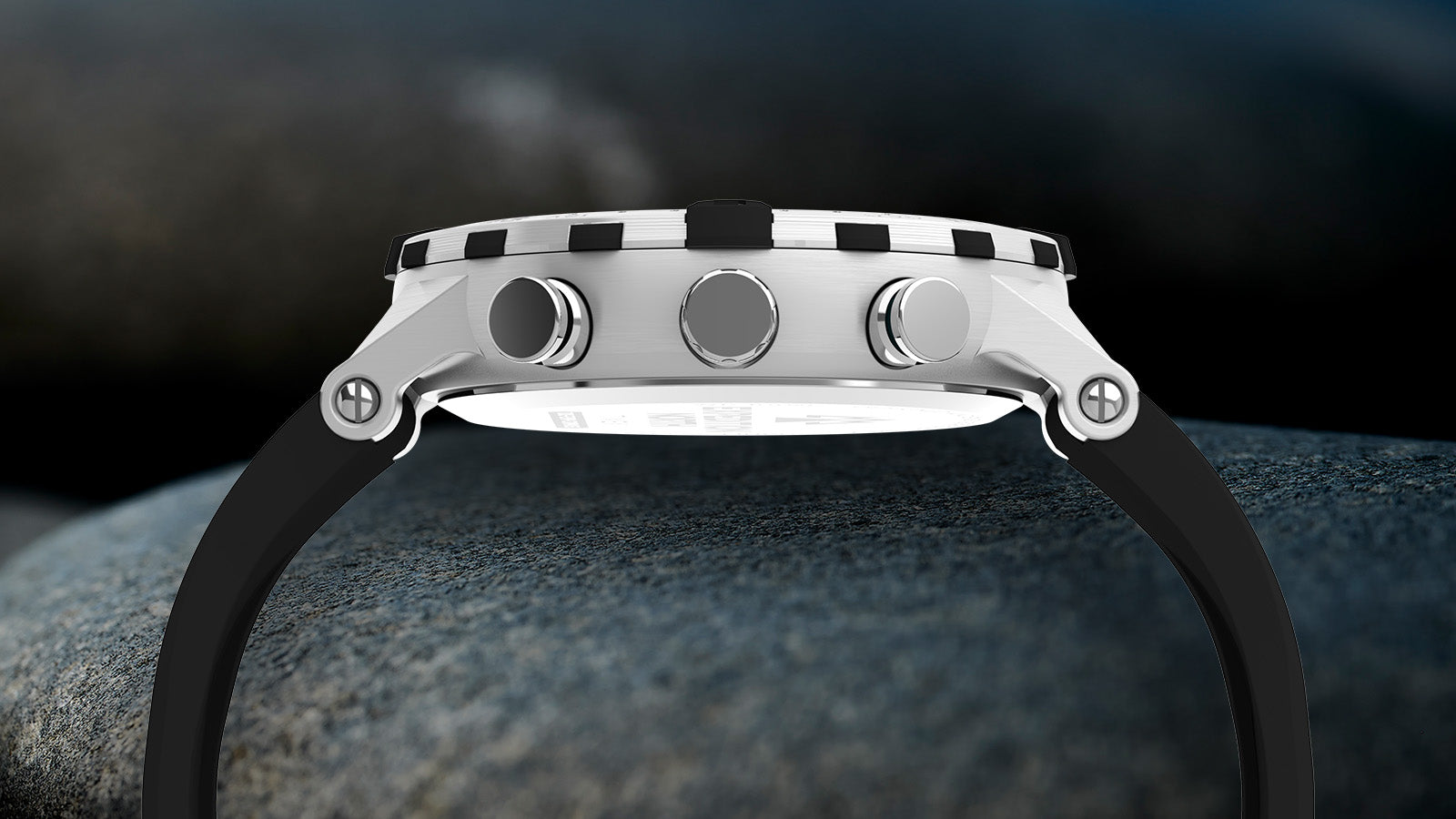 Side view of the Timex Expedition Tide-Temp-Compass showing the brushed stainless-steel case, pushers, and black strap attachment for a rugged, functional look.