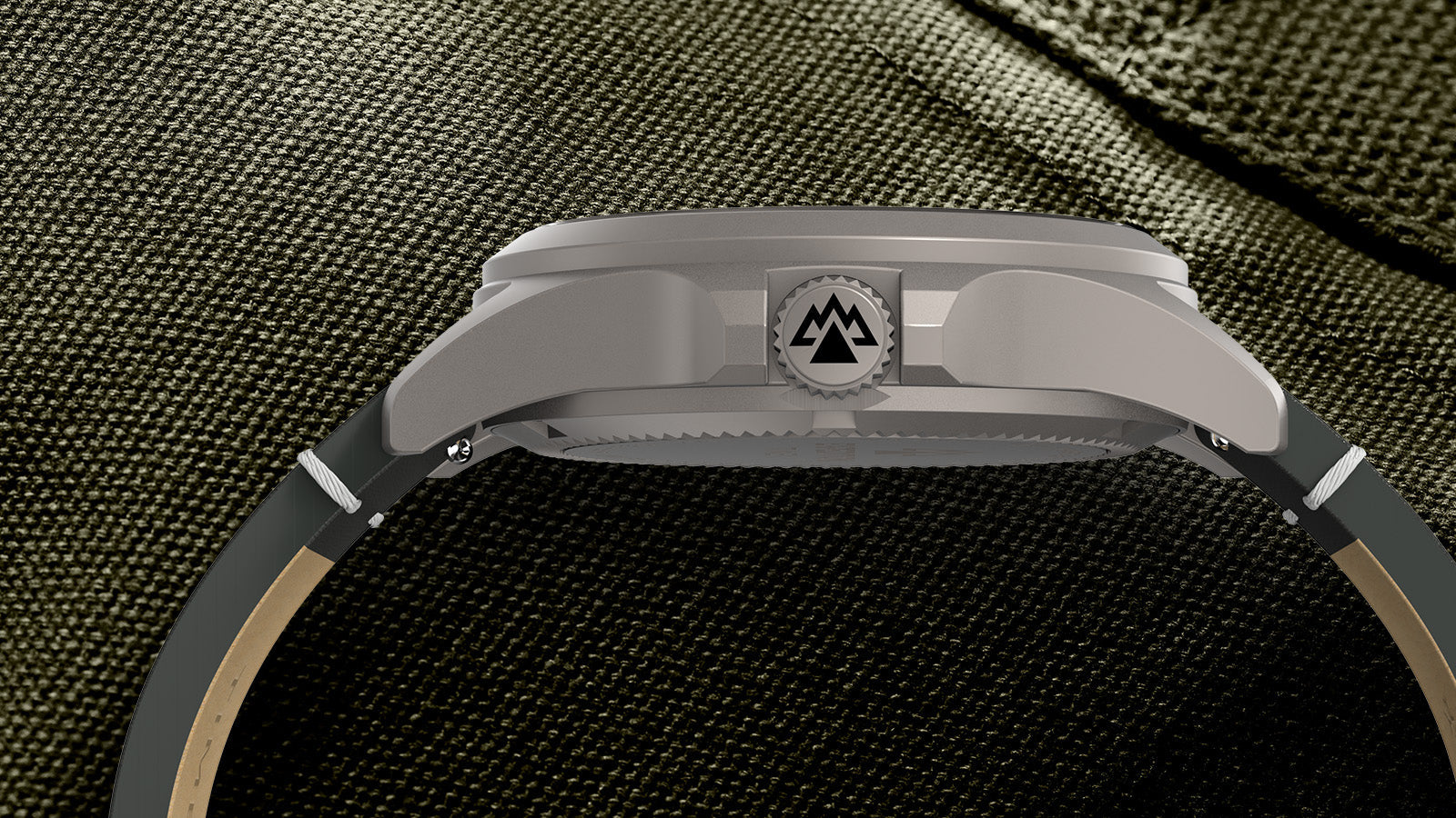 Side profile of the Timex Expedition Titanium watch showing the engraved crown with the Expedition North mountain logo and sleek titanium case.