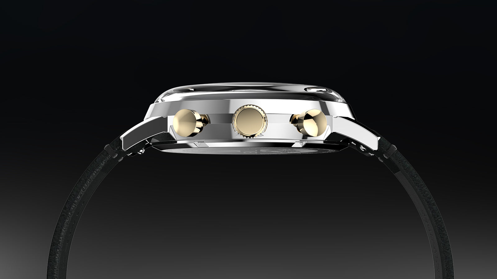 Side profile of Timex Marlin Chronograph Tachymeter showing polished stainless-steel case and gold-tone pushers with domed crystal.