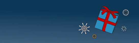 Illustration of two blue gift boxes tied with red ribbons floating across a dark blue gradient background with snowflakes and gear motifs.