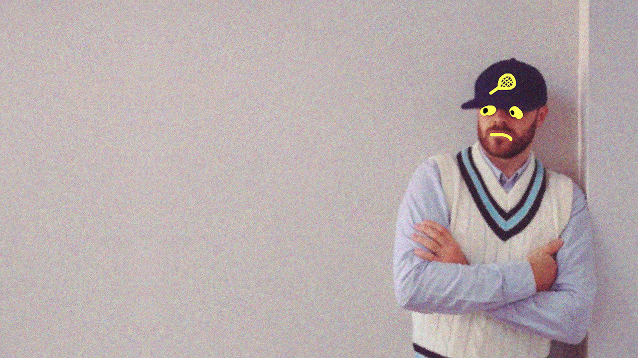 Portrait of a man wearing a tennis-inspired outfit with a cap illustrated with yellow doodles, representing seconde/seconde/’s creative direction behind the Timex collaboration, merging sporty and humorous visual elements.