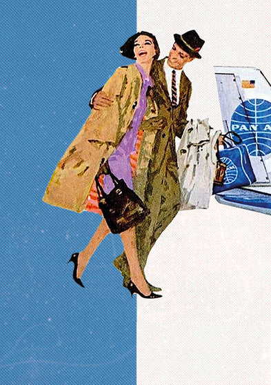 Retro-inspired Pan Am advertisement background featuring a stylishly dressed couple stepping off a plane with Pan Am branding. The image captures mid-century travel glamour, complementing the Timex x Pan Am® watch collaboration theme.