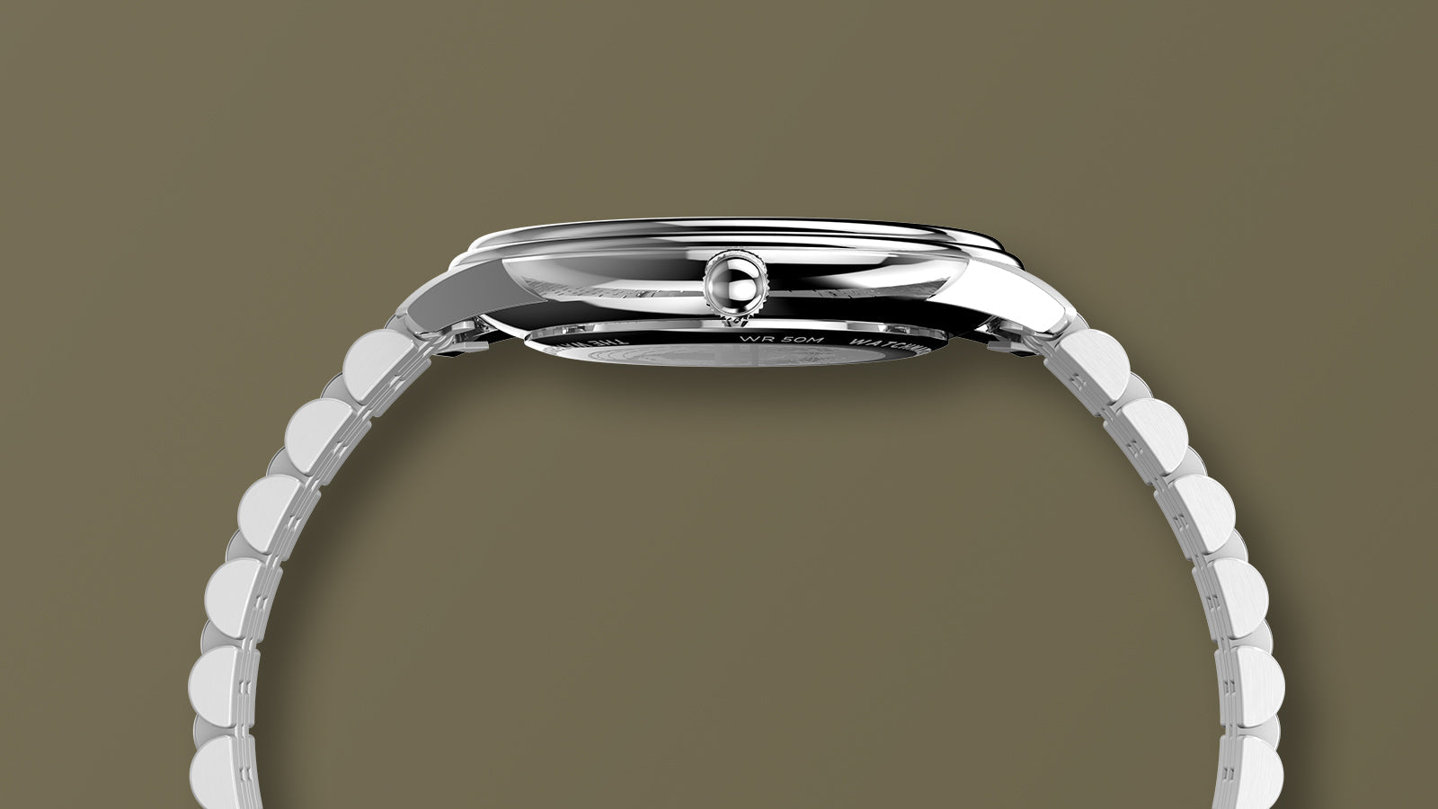 Side view of the Timex Waterbury Metropolitan Sub-Second watch showing slim stainless steel case, rounded crown, and brushed bracelet links.